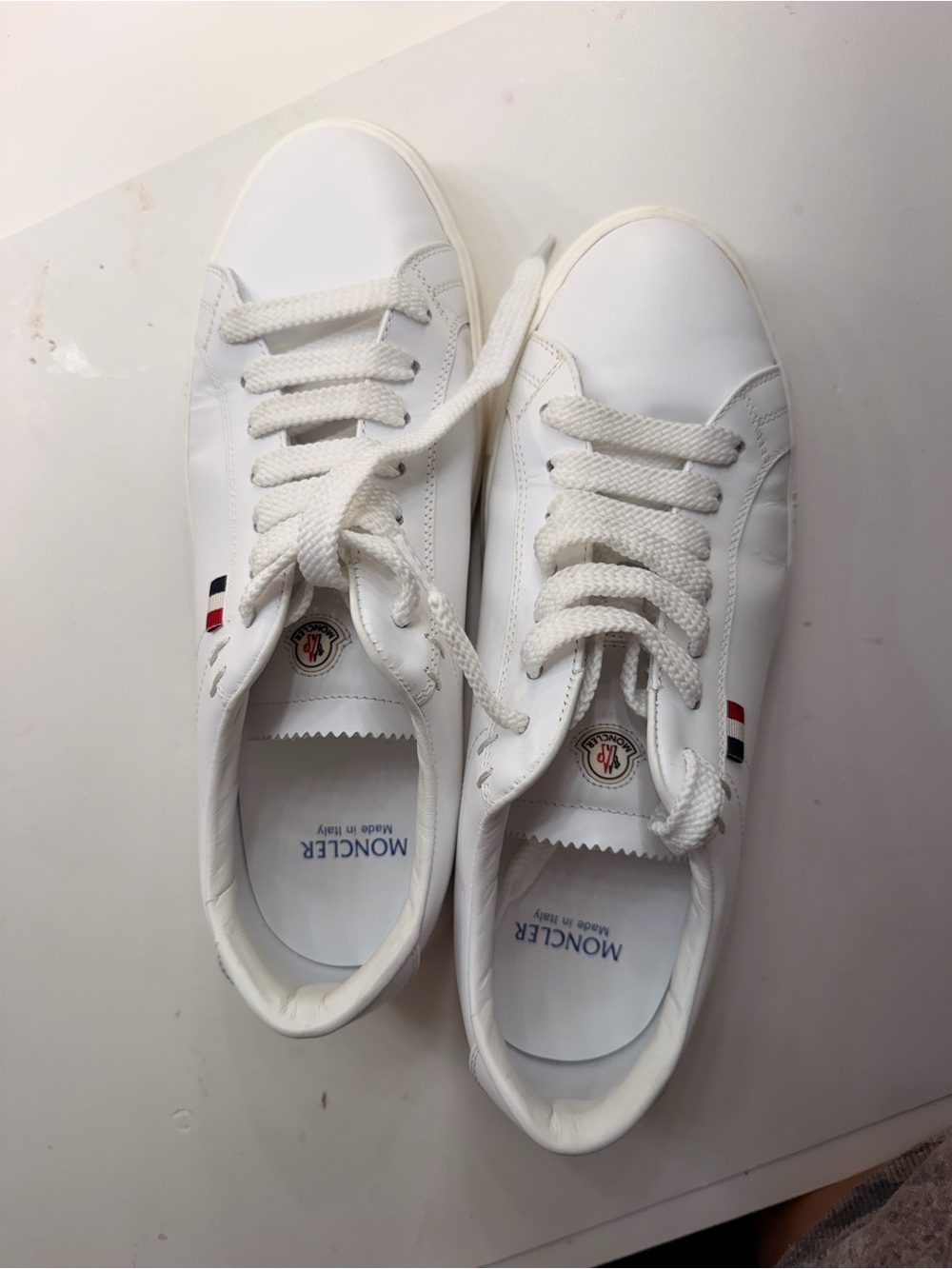 Moncler White Leather Low-Top Sneakers with Tricolor Accents
